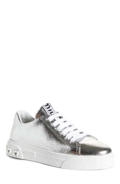 Miu Miu Crystal Detail Skate Sneaker In Argento