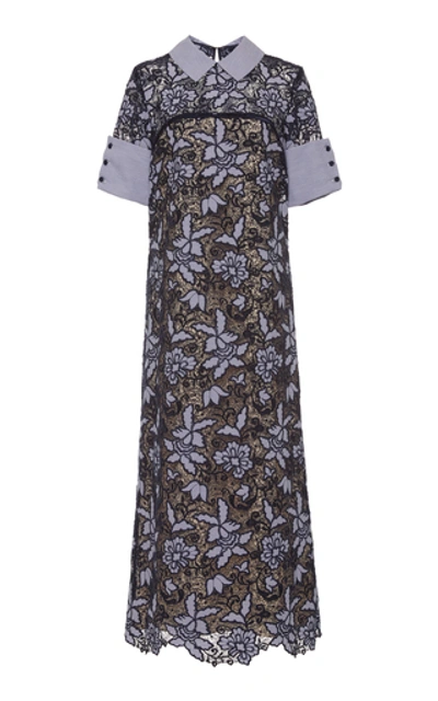 Mi Jong Lee Collared Cotton-blend Long Shift Dress In Navy