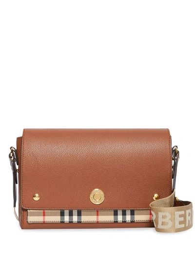 Burberry Leather & Vintage Check Note Crossbody In Tan/gold