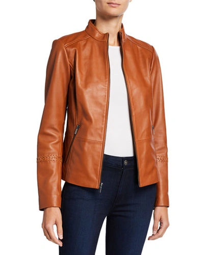 Neiman Marcus Zip-front Leather Jacket With Braided Arm Detail In Amber