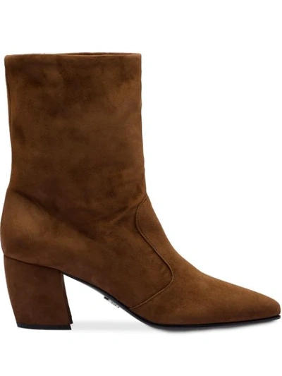 Prada Block Heeled Booties In Brown