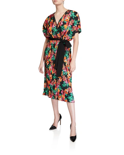 Diane Von Furstenberg Autumn Pleated Floral Short-sleeve Wrap Dress In Black Pattern