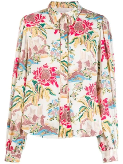 Peter Pilotto Floral Print Crepe Shirt In White