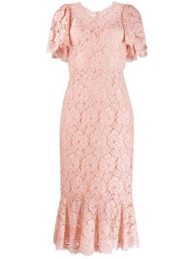 Dolce & Gabbana Flutter-sleeve Lace Dress In Pink