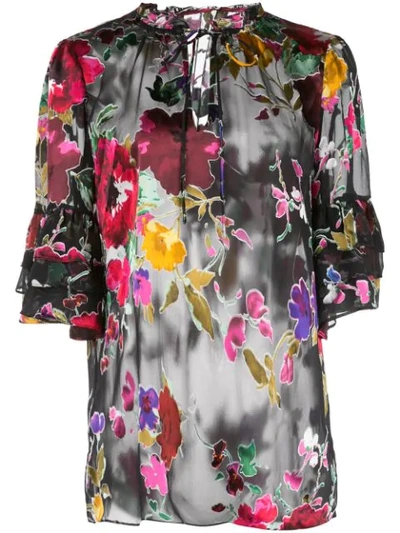 Alice And Olivia Julius Floral Burnout Tier Sleeve Blouse In Black