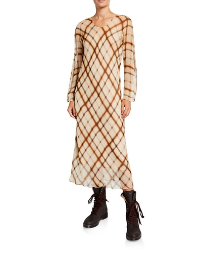 Agnona Silk Plaid Long-sleeve Dress In Light Beige