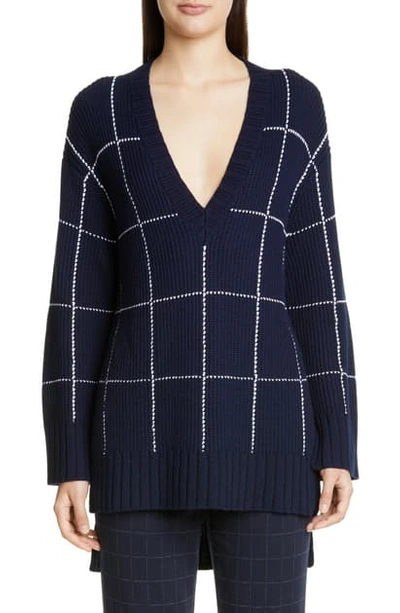 St John Wool-blend Windowpane Check V-neck Sweater In Navy/cream