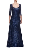 La Femme Ruched Sequin Trumpet Gown In Navy