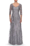 La Femme Floral Embroidered Mesh A-line Gown In Silver