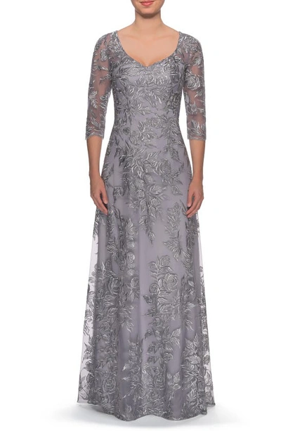 La Femme Floral Embroidered Mesh A-line Gown In Silver