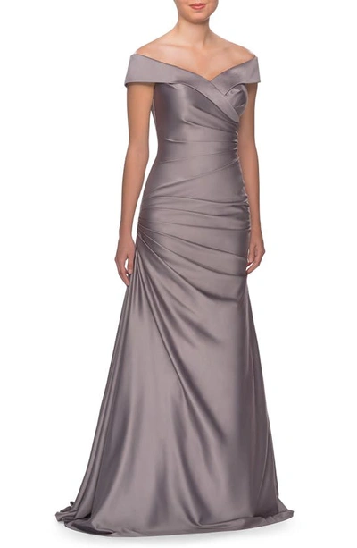 La Femme Off The Shoulder Ruched Satin Trumpet Gown In Grey