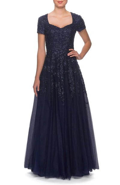La Femme Sweetheart Tulle Short-sleeve Gown With Lace Applique In Navy