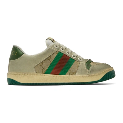 Gucci Screener Embellished Canvas-trimmed Distressed Leather Sneakers In Brown