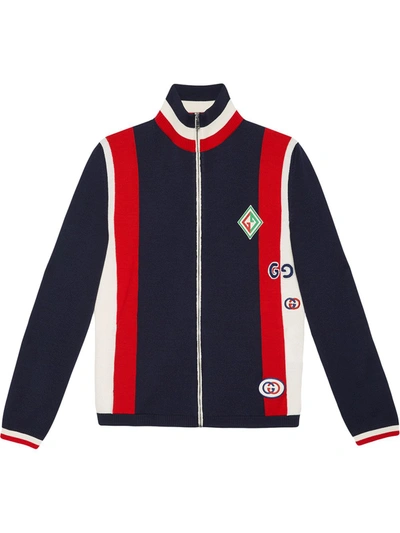 Gucci Logo-appliquéd Striped Wool Zip-up Jumper In Blue