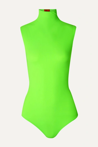 Alix Denton Neon Stretch-jersey Turtleneck Thong Bodysuit In Green