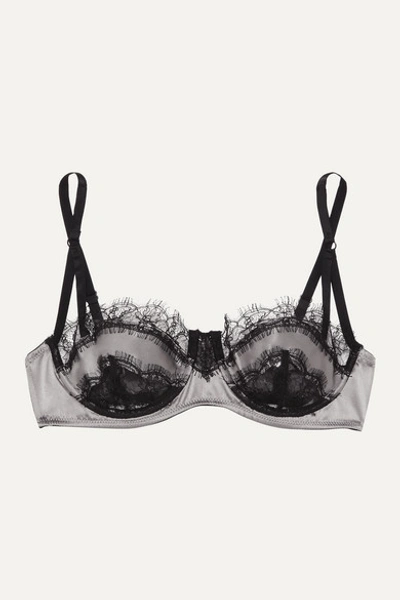 Kiki De Montparnasse Lace-trimmed Stretch Silk-charmeuse Underwired Balconette Bra In Silver Black