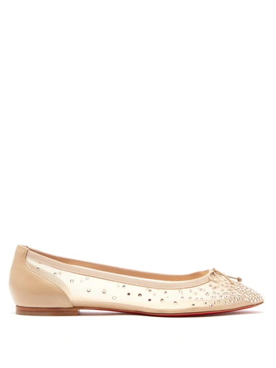 Christian Louboutin Patio Crystal-embellished Mesh And Leather Ballet Flats In Neutral