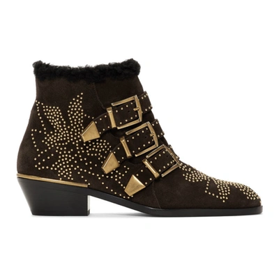 Chloé Susanna Shearling-lined Studded Suede Ankle Boots In 28a Mocha