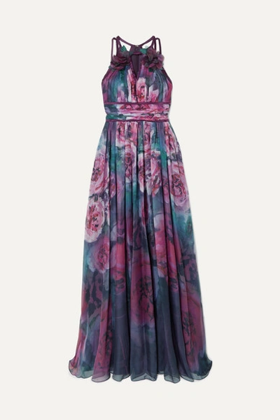 Marchesa Notte Appliquéd Pleated Floral-print Chiffon Gown In Pink