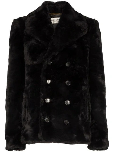 Saint Laurent Double-breasted Faux Fur Jacket In Black