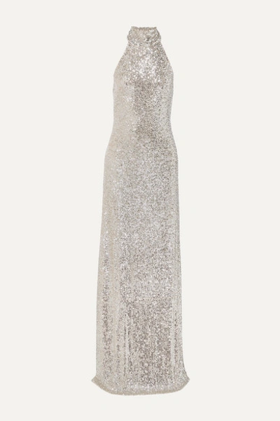 Naeem Khan Sequined Tulle Halterneck Gown In Silver