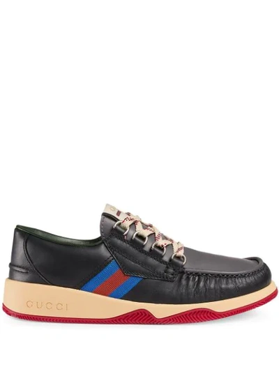 Gucci Agrado Web-striped Leather Deck Shoes In Black/comb