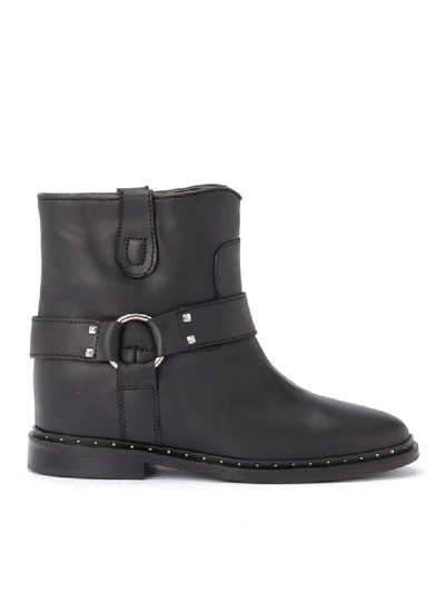 Via Roma 15 Black Leather Ankle Boot With Micro Studs And Strap In Nero