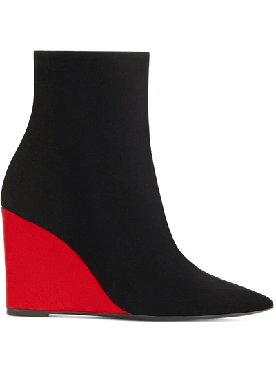Giuseppe Zanotti Suede Pointy Toe Wedge Bootie In Black/ Red