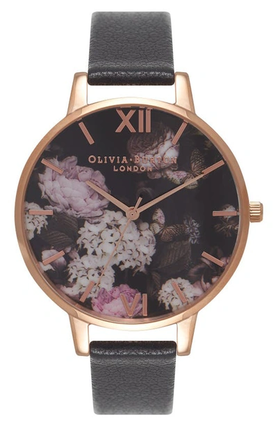 Olivia Burton Women's Signature Floral Black Leather Strap Watch 38mm In Black,gold Tone,pink,rose Gold Tone