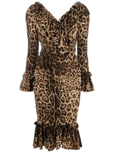 Dolce & Gabbana Ruffle Leopard Print Dress In Brown