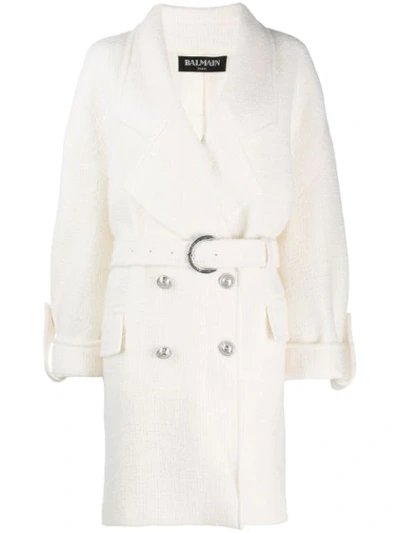 Balmain Boucle Belted Coat  In 0fa White