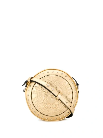 Balmain Disco Embossed Logo Shoulder Bag In Gold