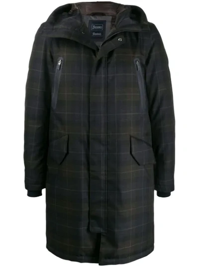 Herno Check Hooded Parka Coat In Blue