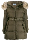 Prada Belted Waist Hooded Coat In Green