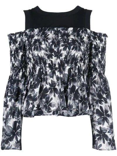 Nicole Miller Painted Flowers Blouse In Black White