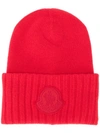 Moncler Logo Patch Beanie In Red