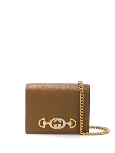 Gucci Zumi Grainy Leather Card Case Wallet In Brown In Neutrals