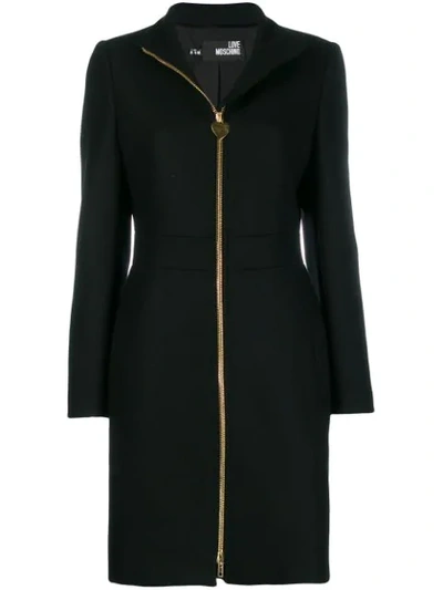 Love Moschino Zipped Wool Midi Coat In Black