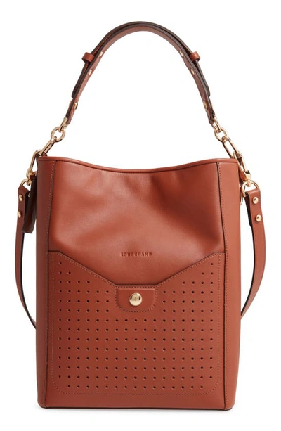 Longchamp Mademoiselle Perforated Calfskin Leather Bucket Bag In Cognac