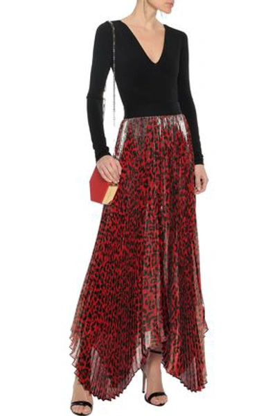 Alice And Olivia Alice + Olivia Woman Katz Sunburst Pleated Leopard-print Silk-blend Lamé Maxi Skirt Red In Red/black