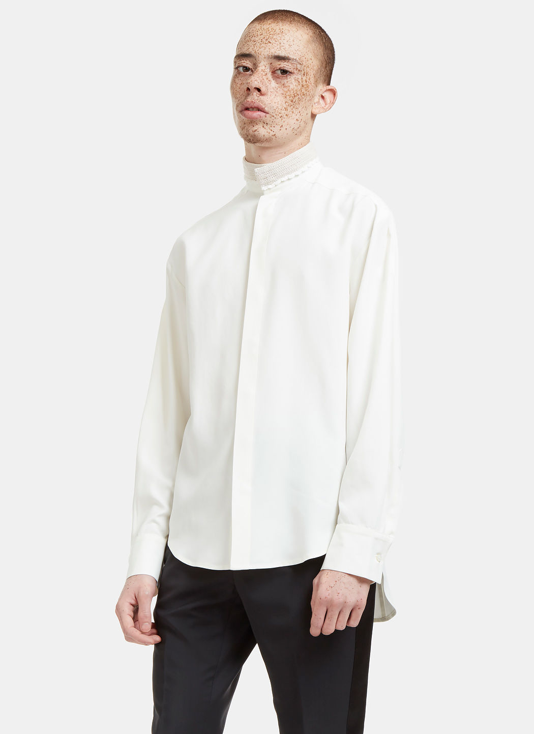 Wales Bonner Men's Harare Crochet Collared Silk Shirt In Ivory ModeSens