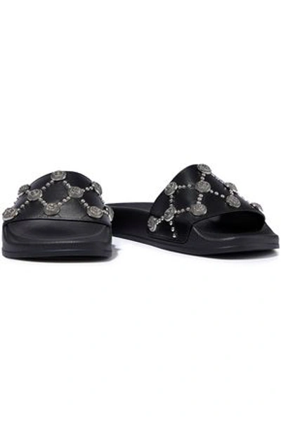 Balmain Embellished Leather Slides In Black