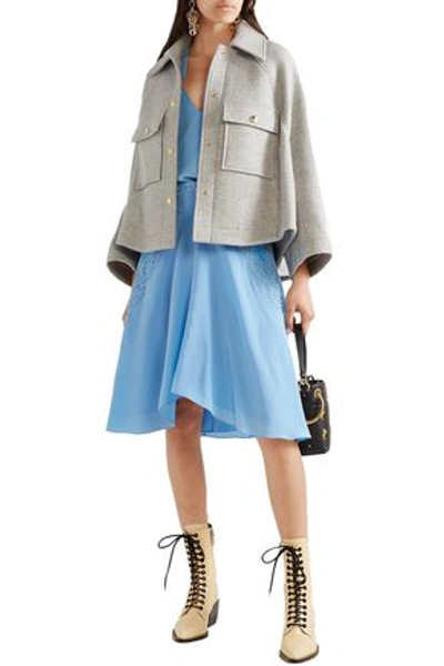 Chloé Crochet-paneled Ruched Silk Crepe De Chine Skirt In Light Blue