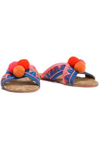 Figue Pompom-embellished Embroidered Canvas Sandals In Coral