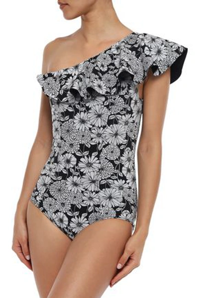 Lisa Marie Fernandez One-shoulder Ruffled Floral-print Swimsuit In Black