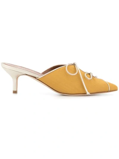 Malone Souliers Woman Victoria Metallic Leather-trimmed Moire Mules Mustard In Yellow