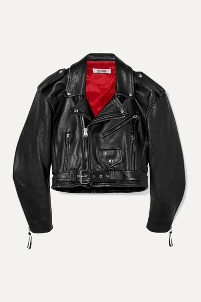 Re/done 80s Cropped Leather Biker Jacket In Black