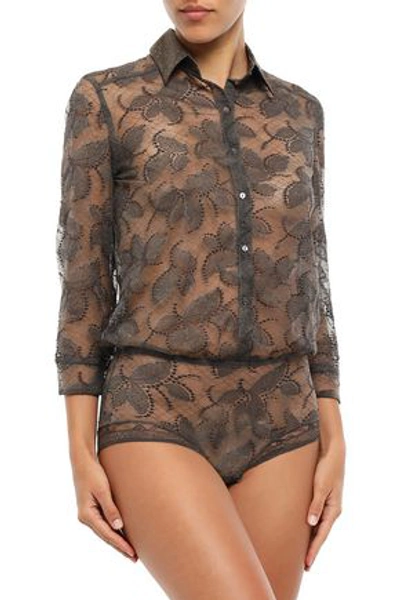 Eres Farniente Dolce Vita Satin-trimmed Leavers Lace Bodysuit In Dark Gray