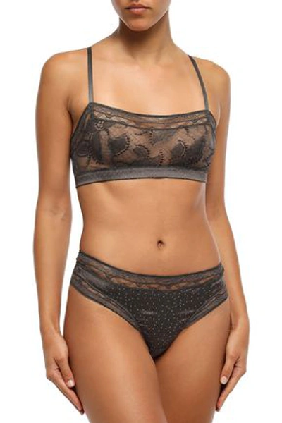 Eres Farniente Oisiveté Swiss-dot Satin And Leavers Lace Mid-rise Thong In Dark Gray