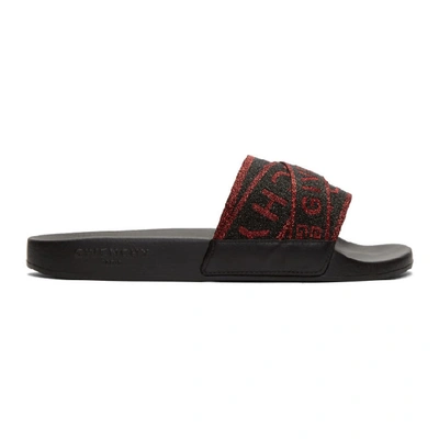Givenchy Black And Red Glitter Flat Pool Slides In 009 Blkred